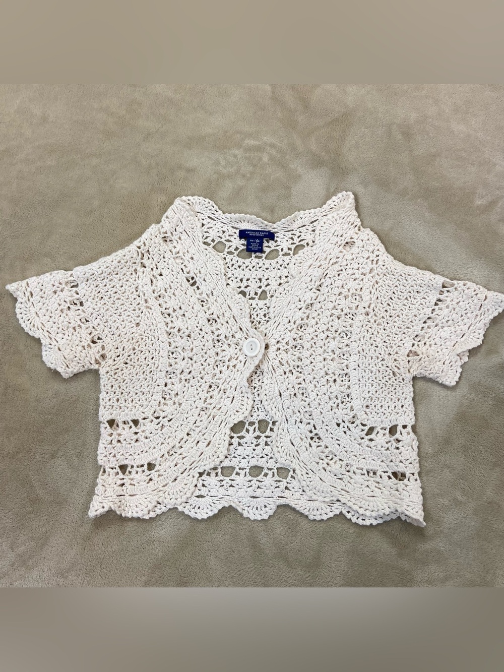 American Eagle Outfitters Cropped Crochet Button Cardigan - Soft Cream